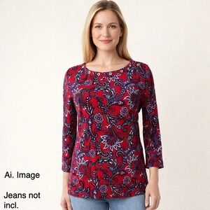 Rafaella Paisley Cotton Top Grommet Neck 3/4 Sleeve Ruby Red Blouse S NWT